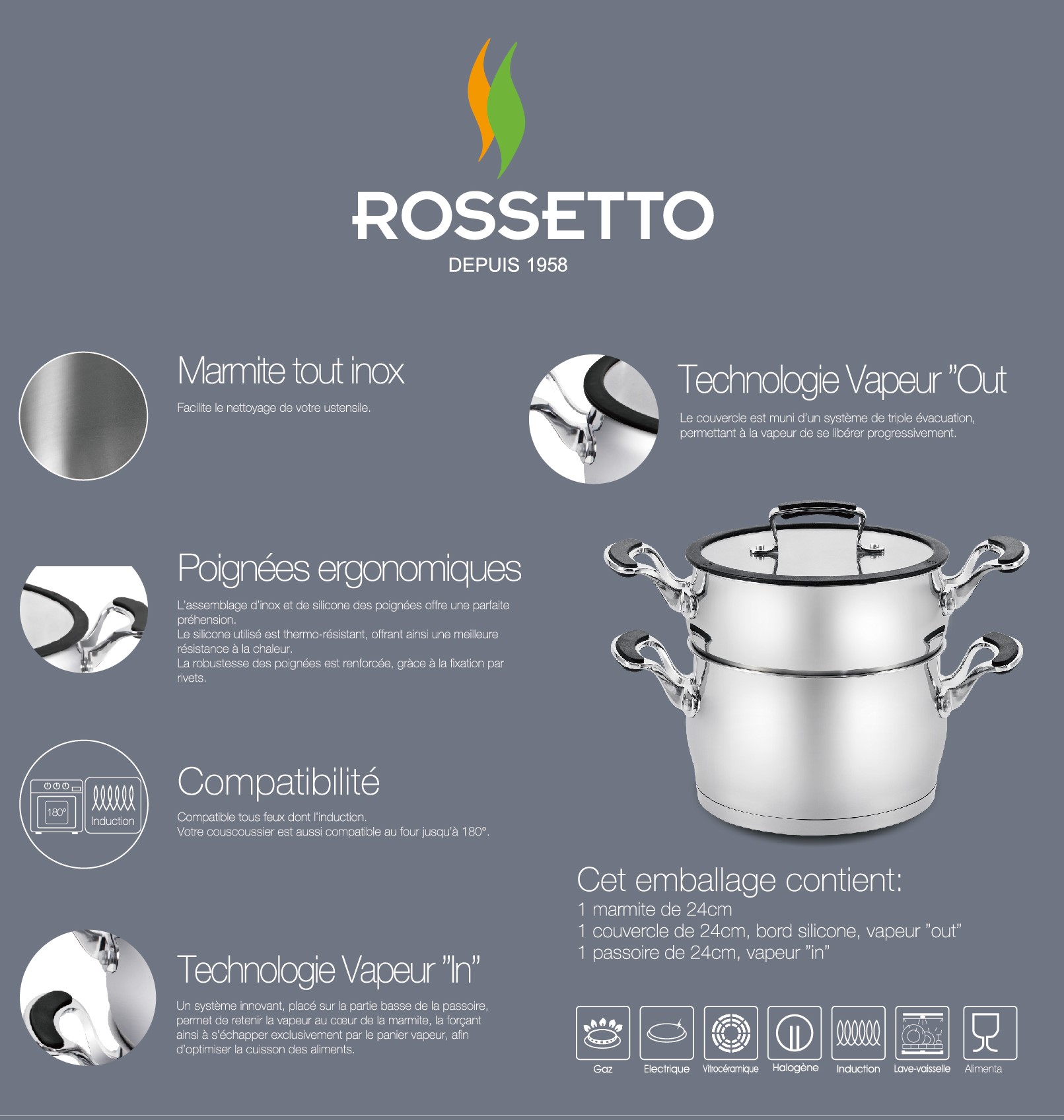 COUSCOUSSIER INOX PRO DE 24CM - Rossetto, ustensiles de cuisson